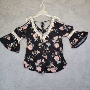 Boho Floral Cold‎ Shoulder Top Womens L Crochet Festival Going Out Blouse Hippie